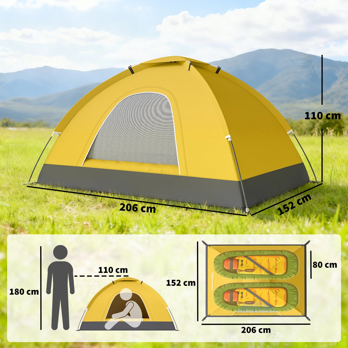 2 Person Camping Tent, Dome Tent with Zipped Doors, Storage Pocket
