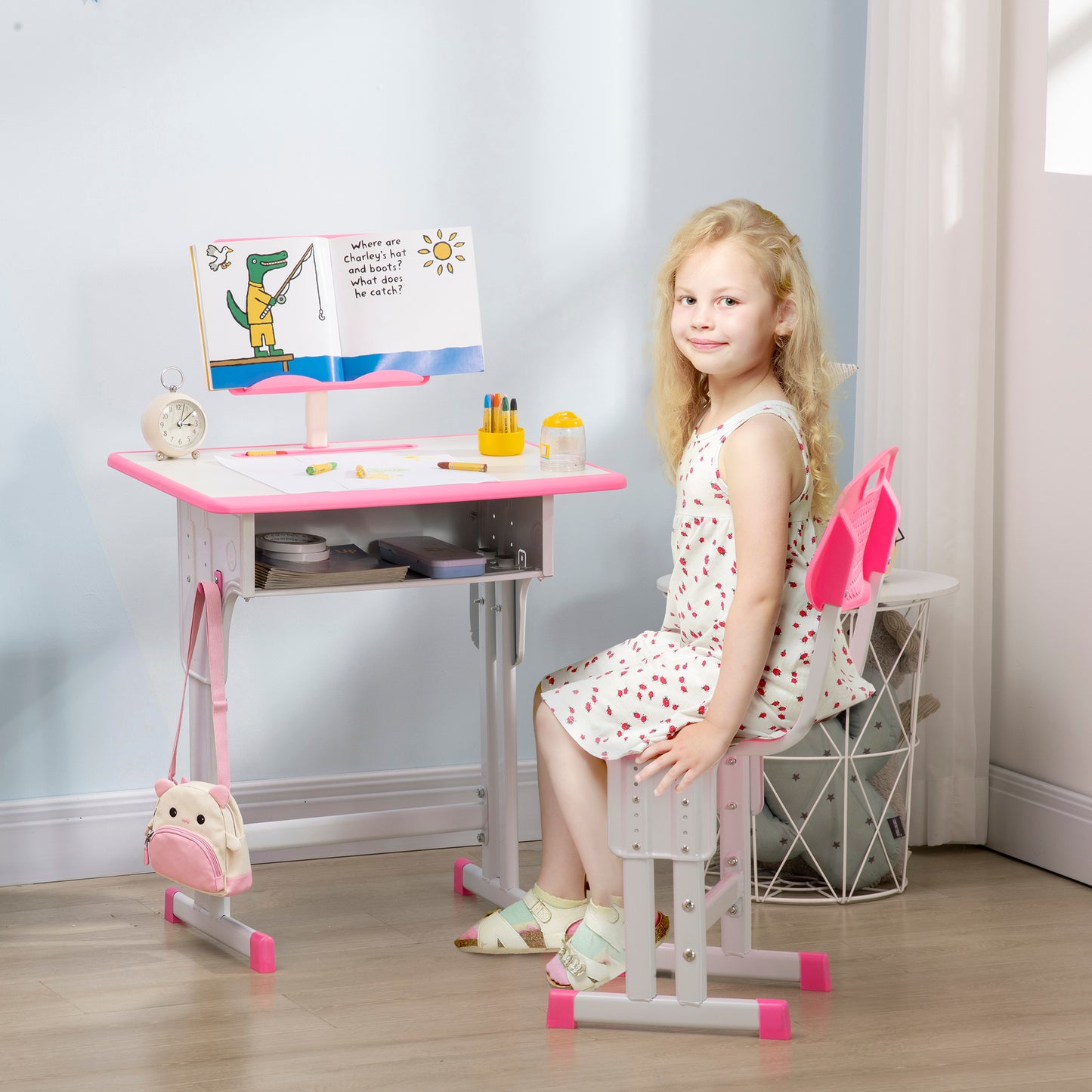 Kids Adjustable Desk and Chair Set, Book Stand, Pen Slot