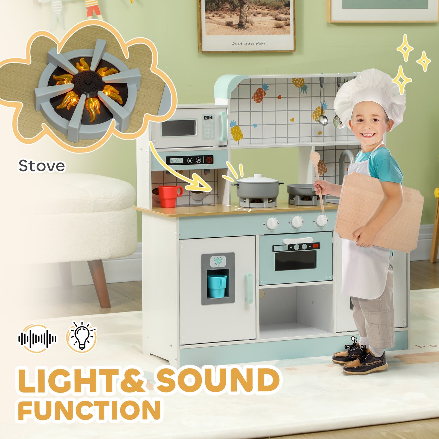 Toy Kitchen, Pretend Role Play Kitchen with Hob, Sound, Light