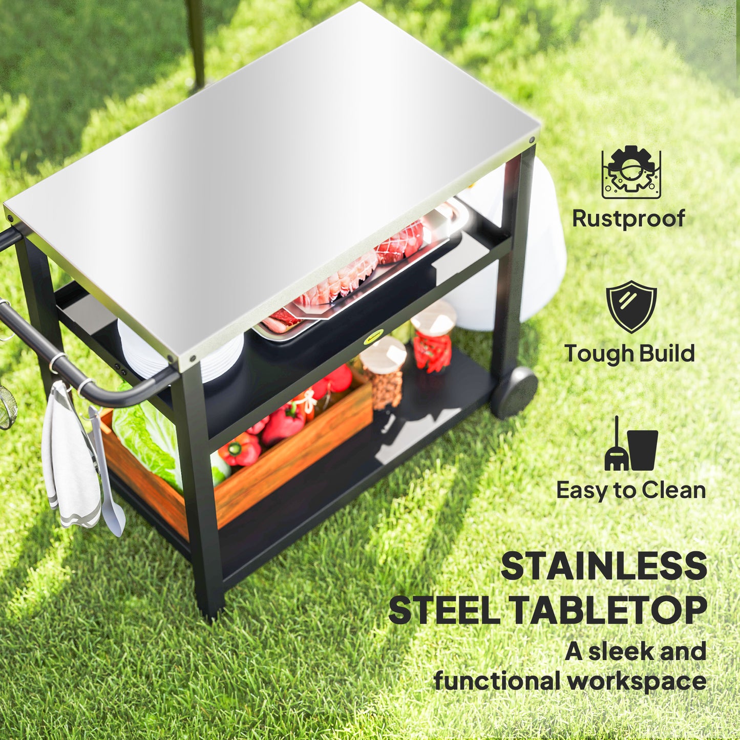 Outdoor Grill Dining Cart 3-Shelf Movable Pizza Oven Table Stand