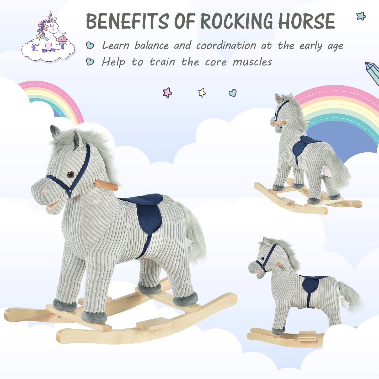 Kids Plush Rocking Horse w/ Sound Children Rocker Ride On Toy Gift