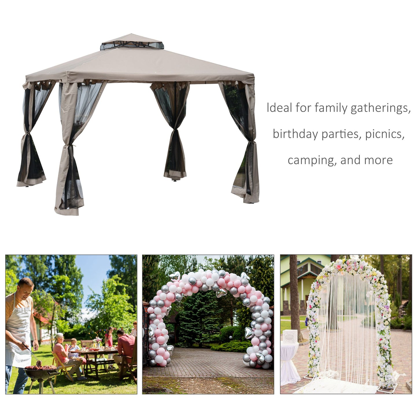 Outdoor Gazebo, 2-tier Roof with Netting, 295L x 295W x 263Hcm-Taupe