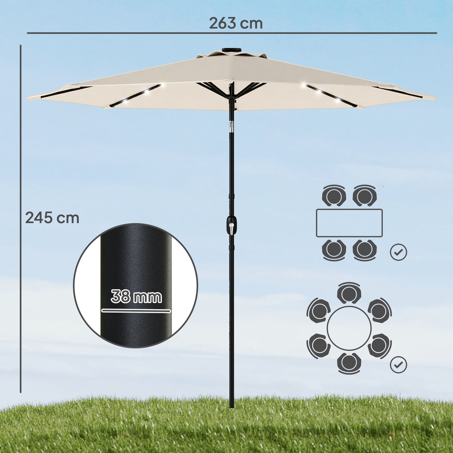2.6 m Garden Parasol Umbrella with LED Solar Light, Parasol Cover