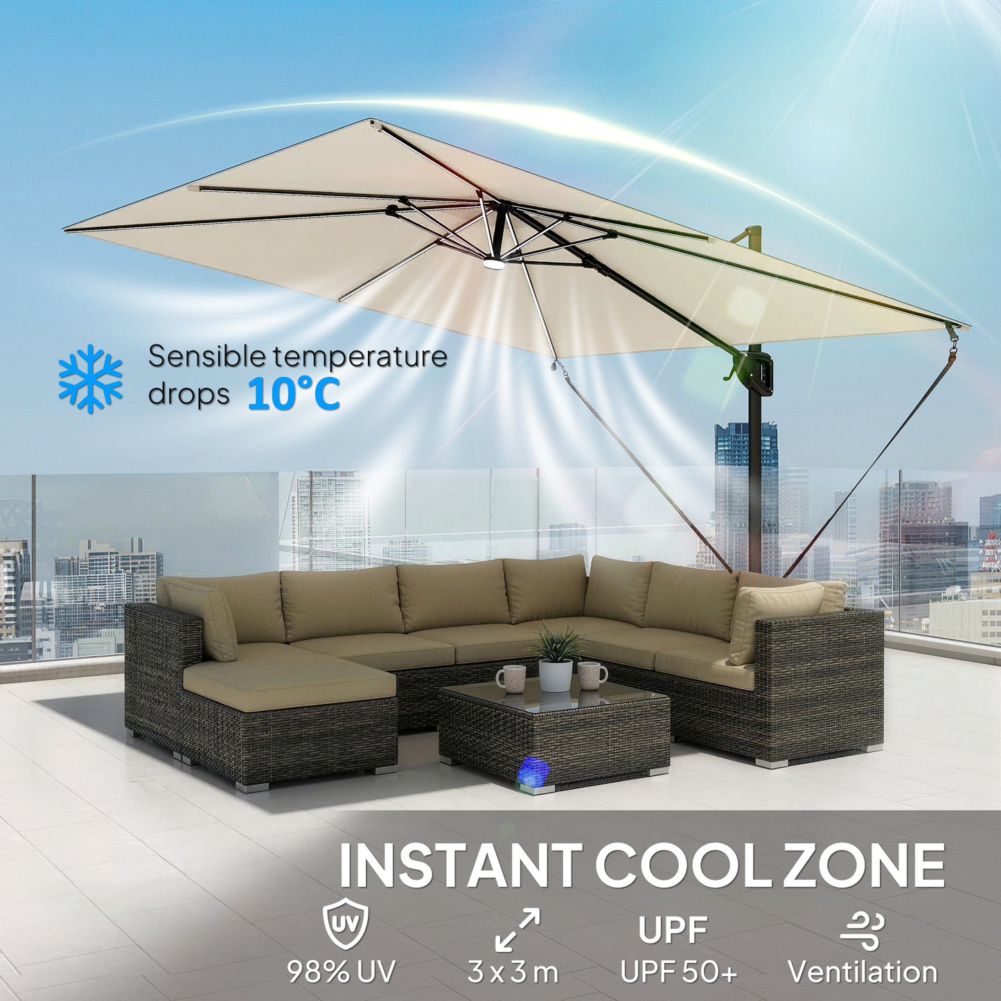 3 x 3 m Garden Cantilever Parasol w/ Light, Cover