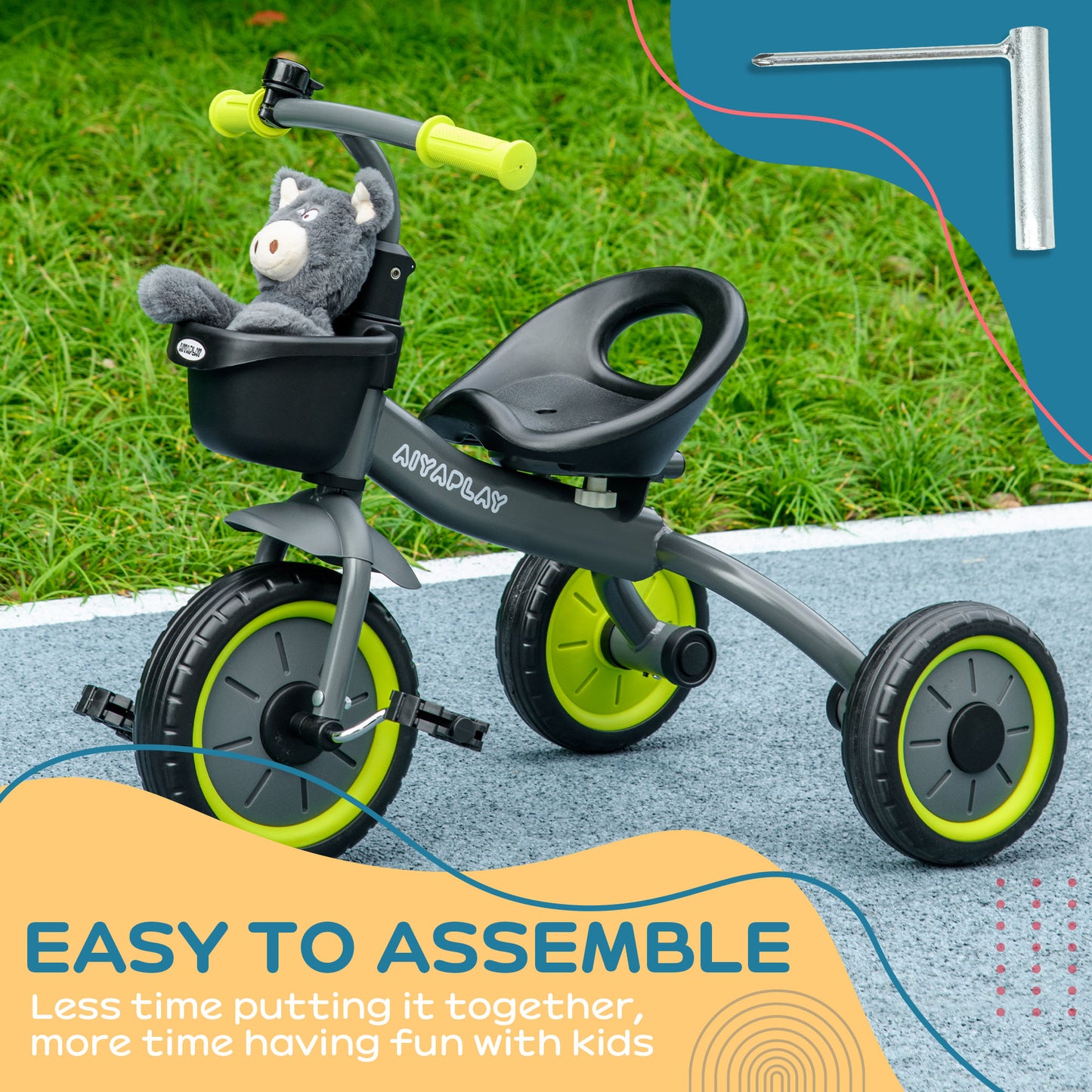 Kids Trike, Tricycle, with Adjustable Seat, Basket, Bell