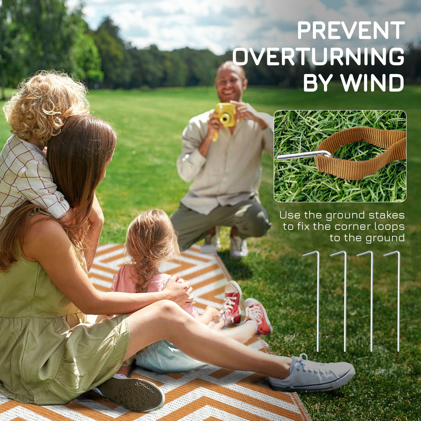 Reversible Outdoor Rug, Plastic Straw Mat w/ Carry Bag Ground Stakes