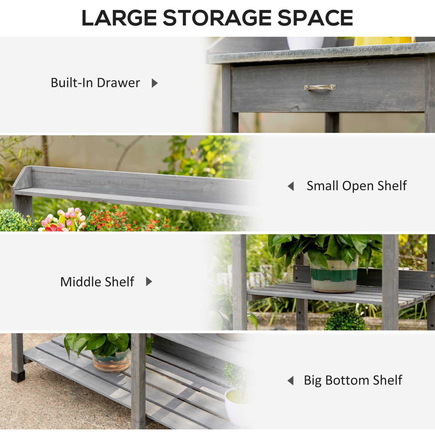 Garden Potting Table with Storage, Workbench, Metal Top