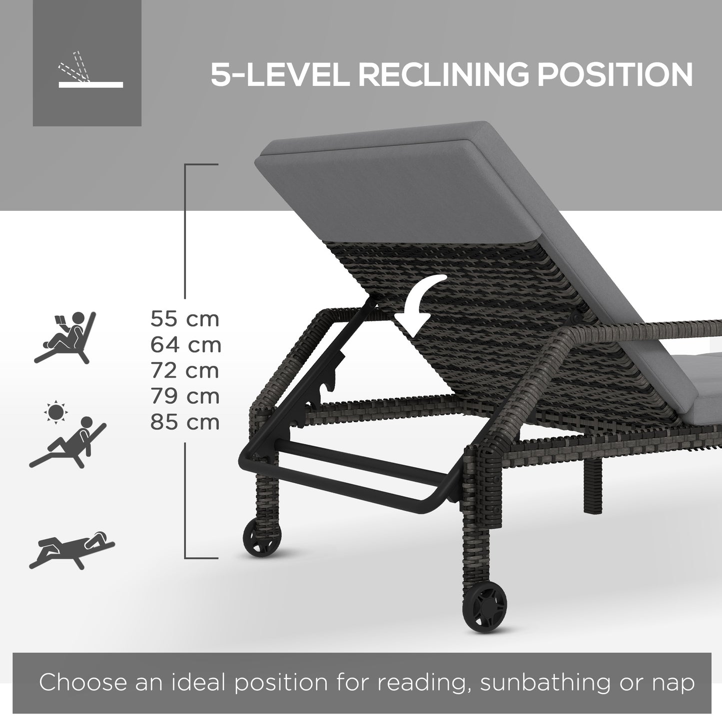 Outdoor Sun Lounger, Rattan Wicker Chaise Recliner