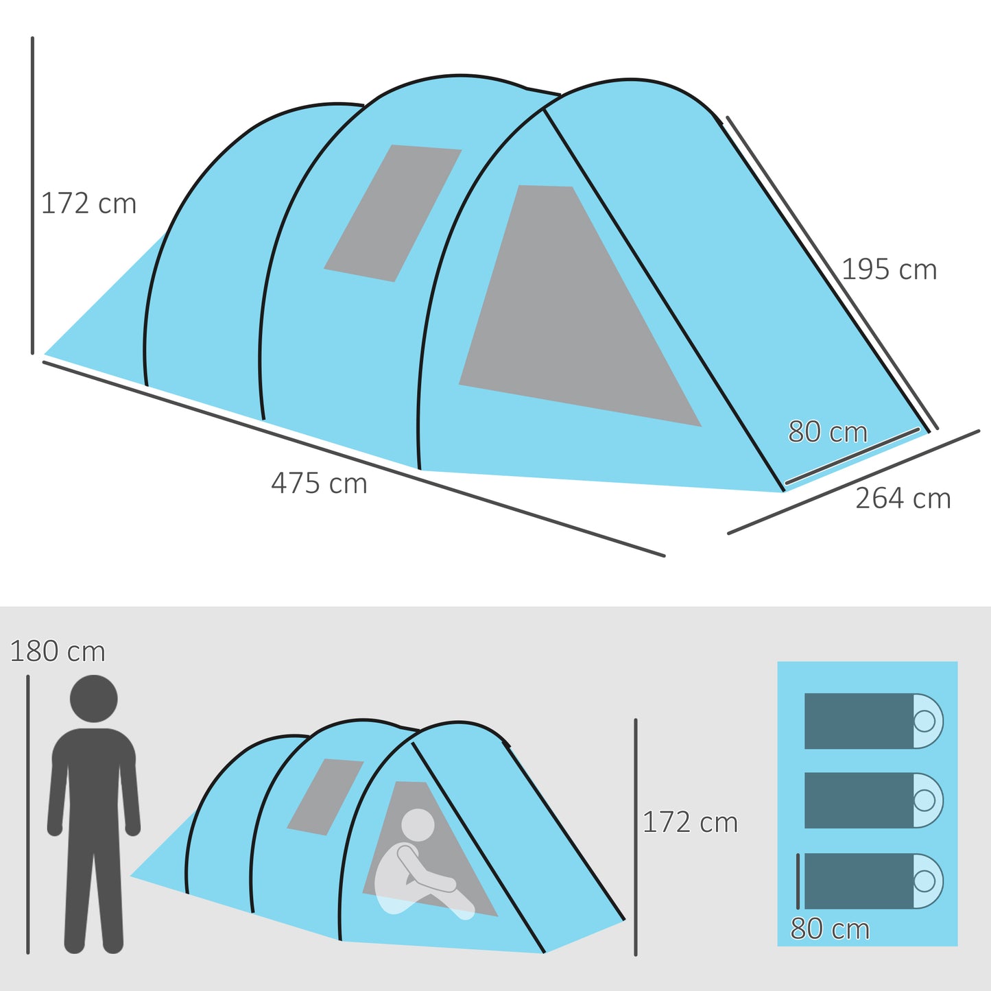 3-4 Man Tunnel Tent, Two Room Camping Tent with Windows
