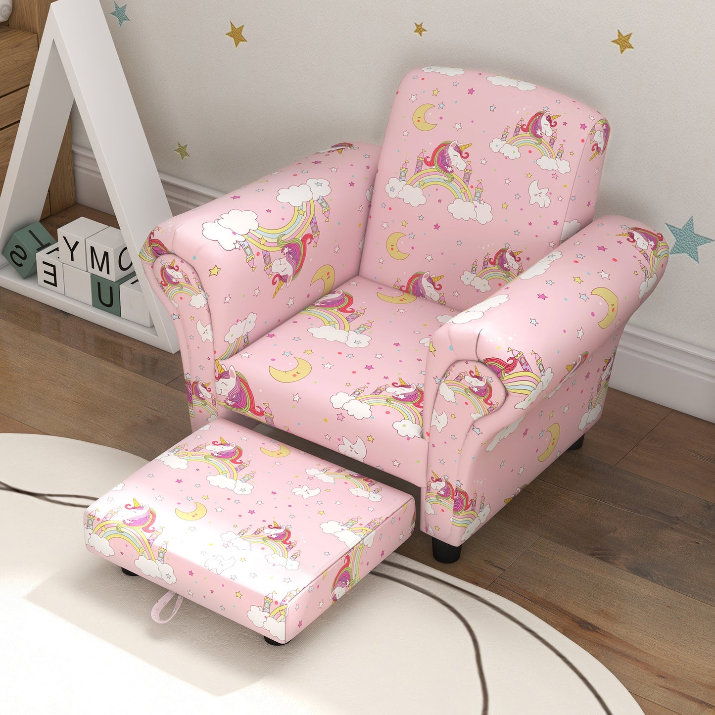 2 Piece Kids Sofa Set with Unicorn Design, Wooden Frame