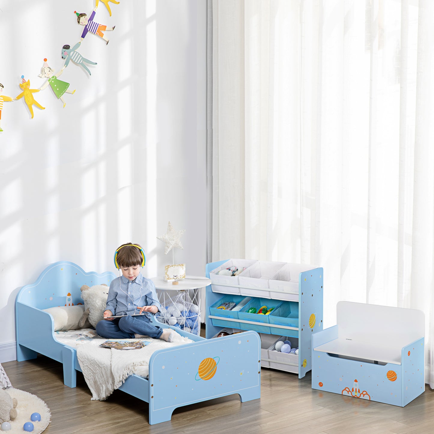 Space Themed Toddler Bed, Kids Bedroom Furniture, with Safety Rails