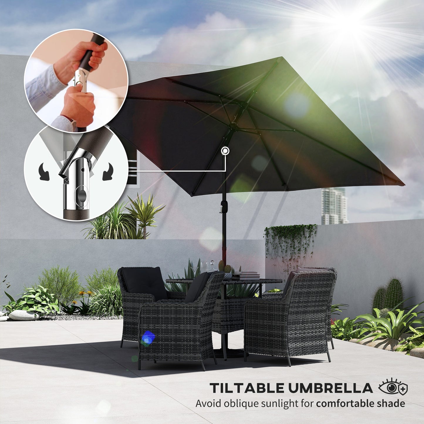 Garden Parasol, Parasol Umbrella with Crank Handle, Tilt Function