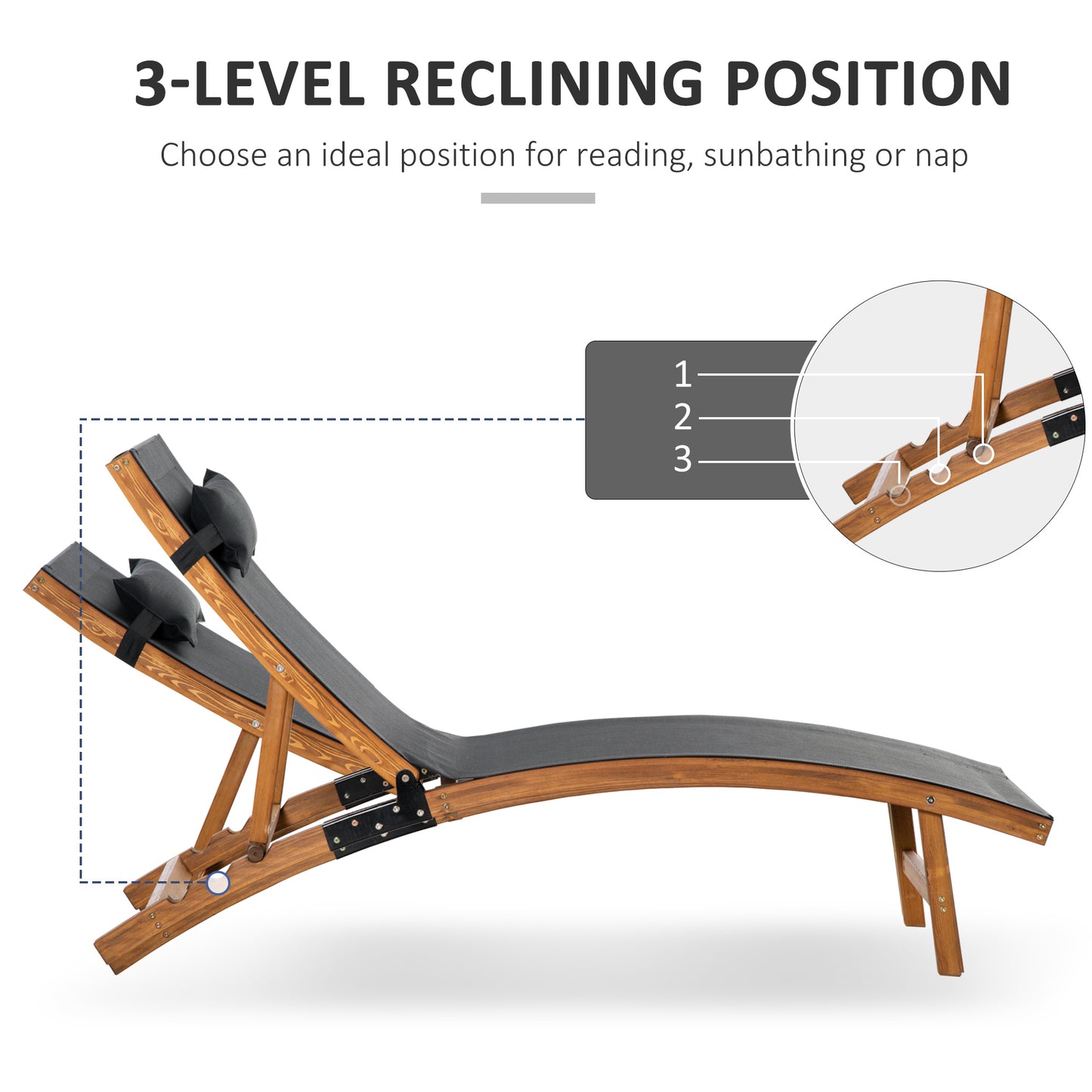 Ergonomic Patio Lounge Chair Wooden Outdoor Chaise w/ 3 Adjustable