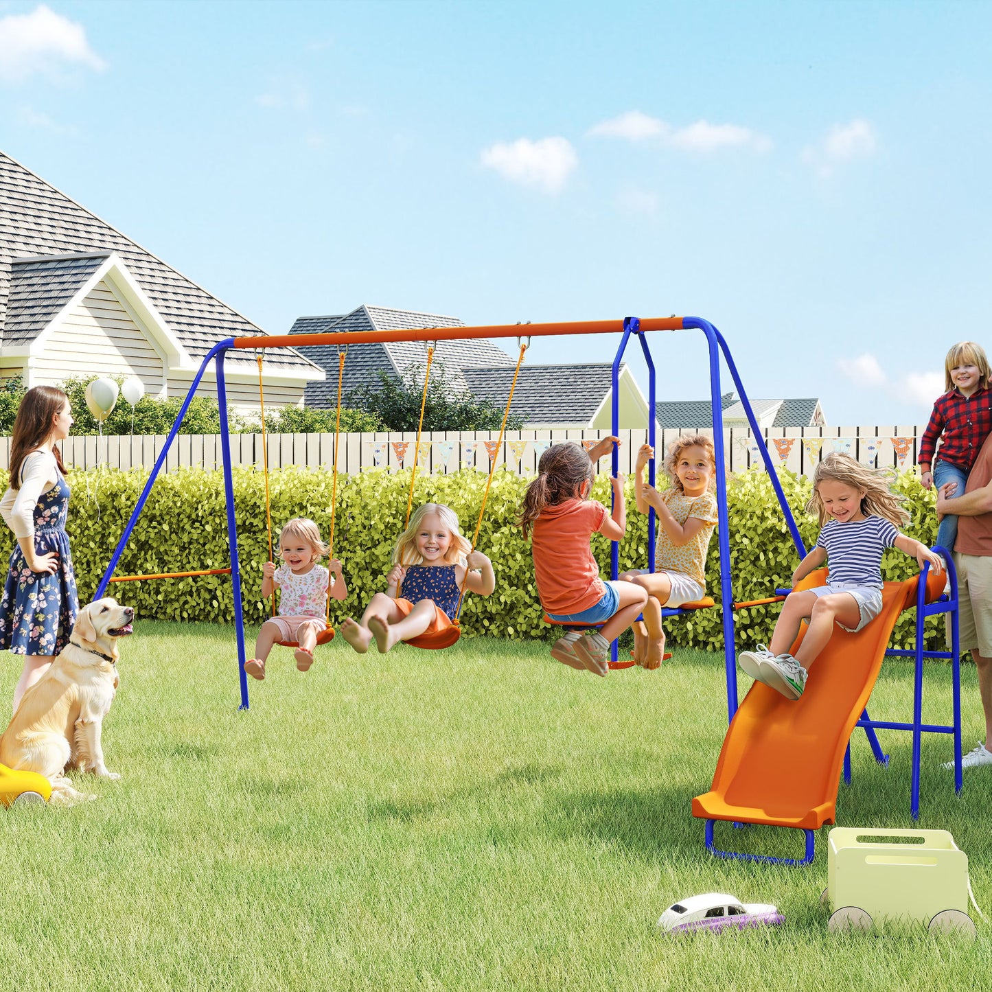 Four-In-One Metal Garden Swing Set, with Double Swings, Glider