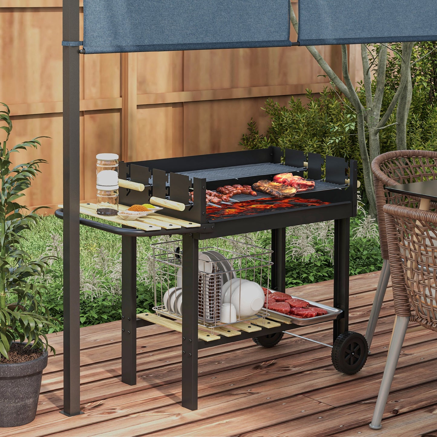 Charcoal BBQ Grill, Barbecue Trolley with Double Adjustable Grill