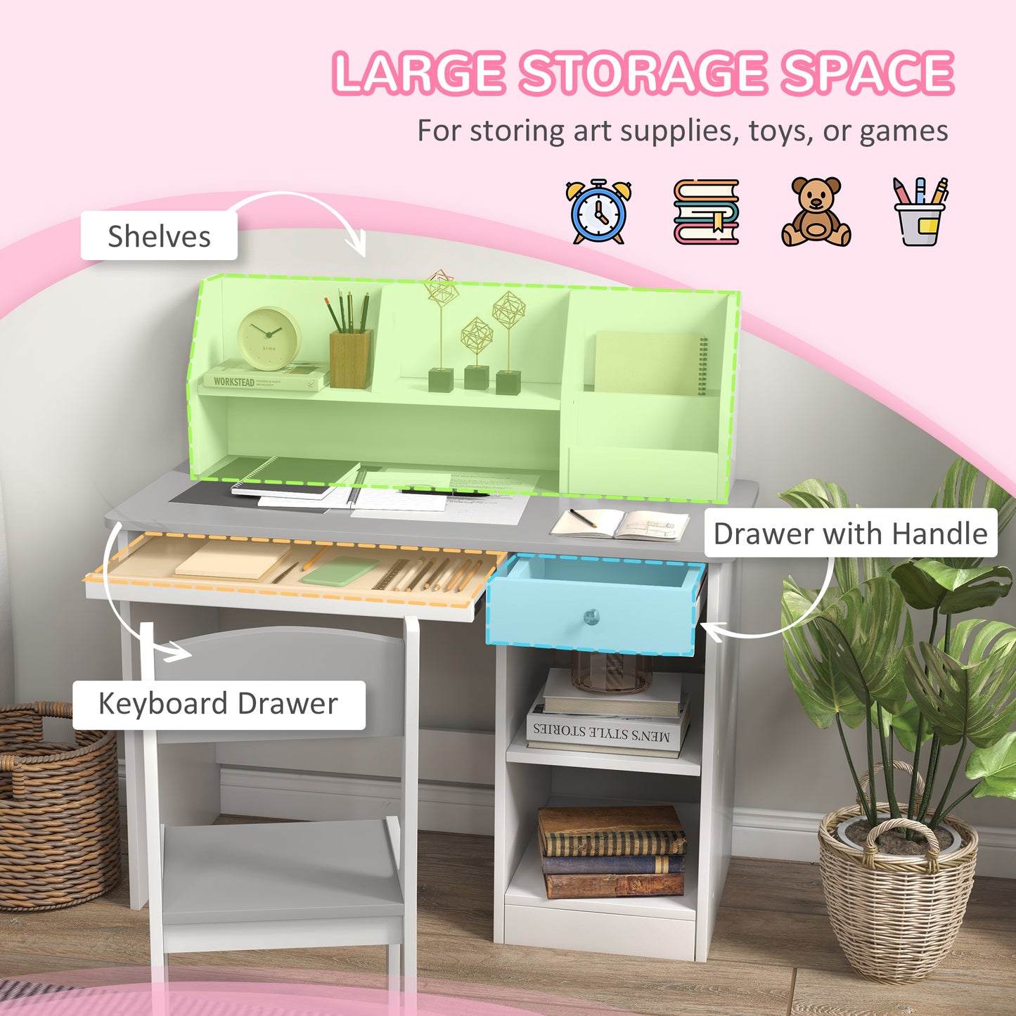 Two-Piece Kids Desk and Chair Set with Storage, for Ages 5-8 Years