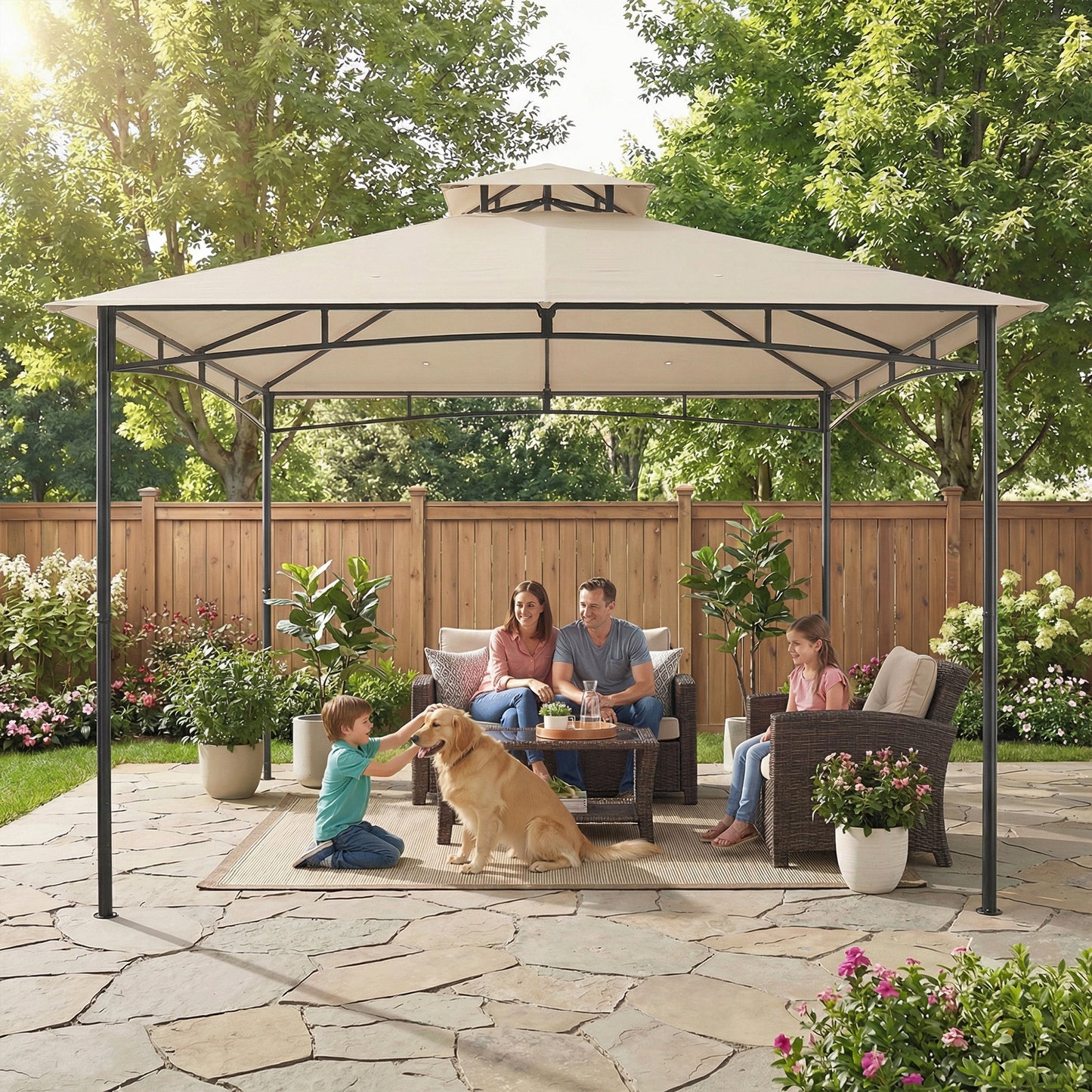 3 x 3 m Gazebo, Garden Gazebo with 2-Tier Roof, Metal Frame