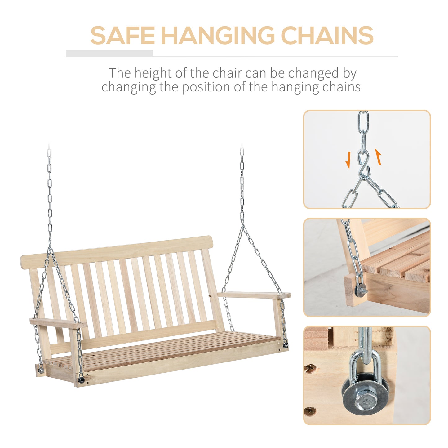 Outdoor Wooden Swing Bench 2-Seater Porch Swing Chair Hanging