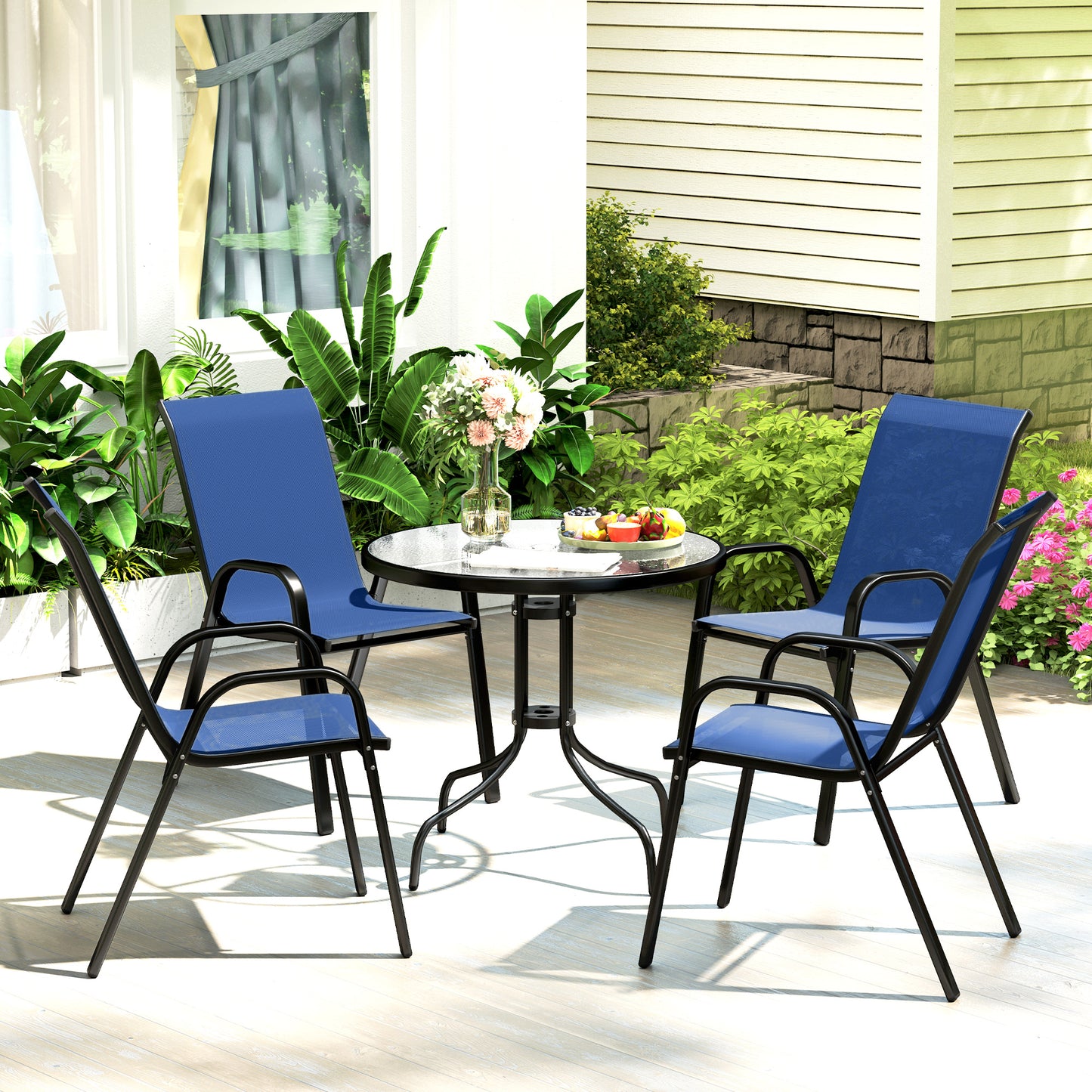 Five-Piece Steel Patio Set, with Glass-Top Table