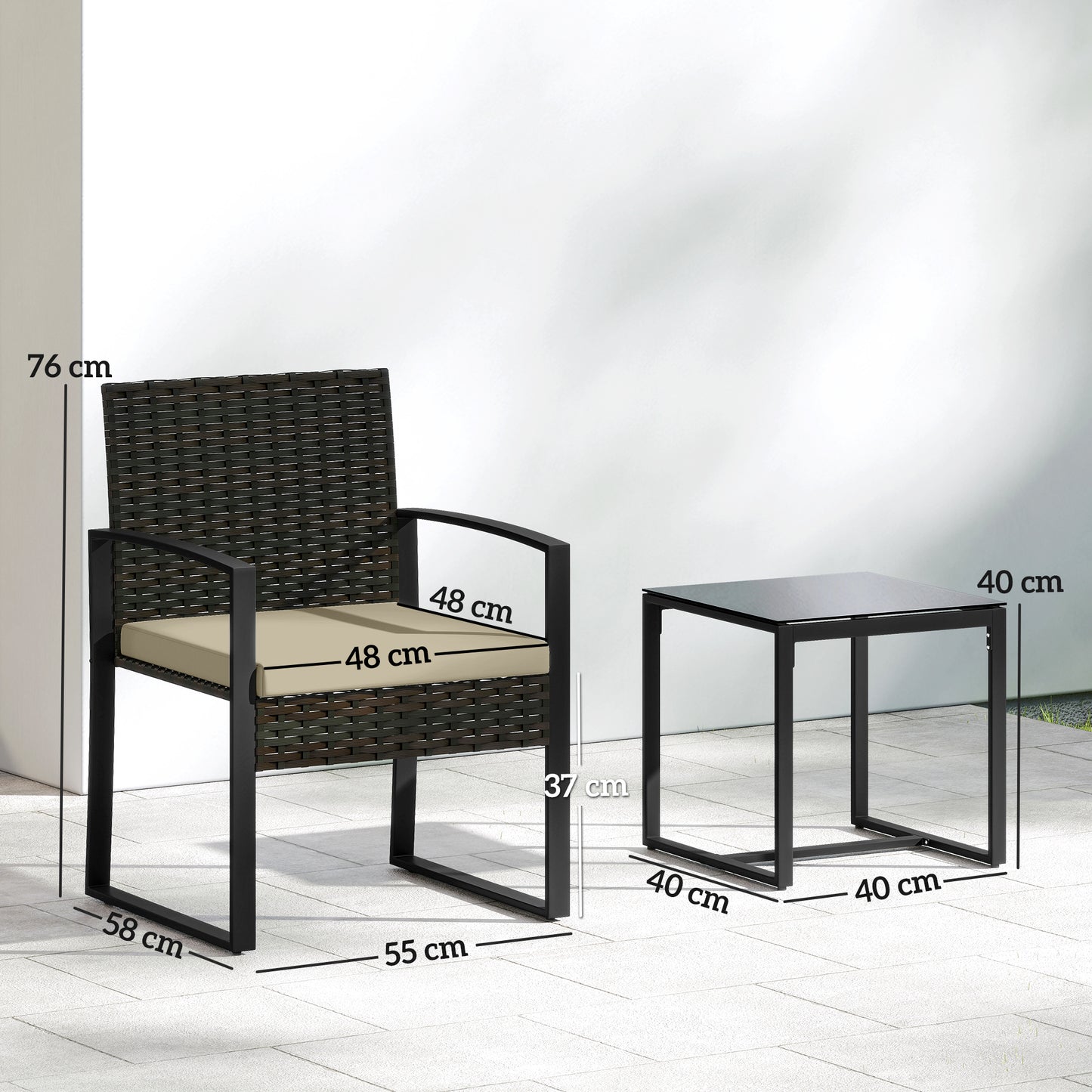 Rattan Bistro Set, 3 Piece Garden Furniture Set with Glass Top Table