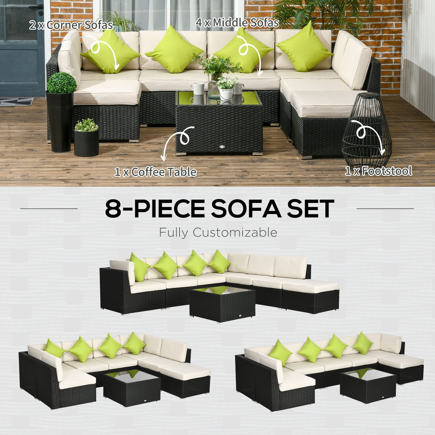 8 Pieces PE Rattan Corner Sofa Set, Outdoor Garden Furniture Set