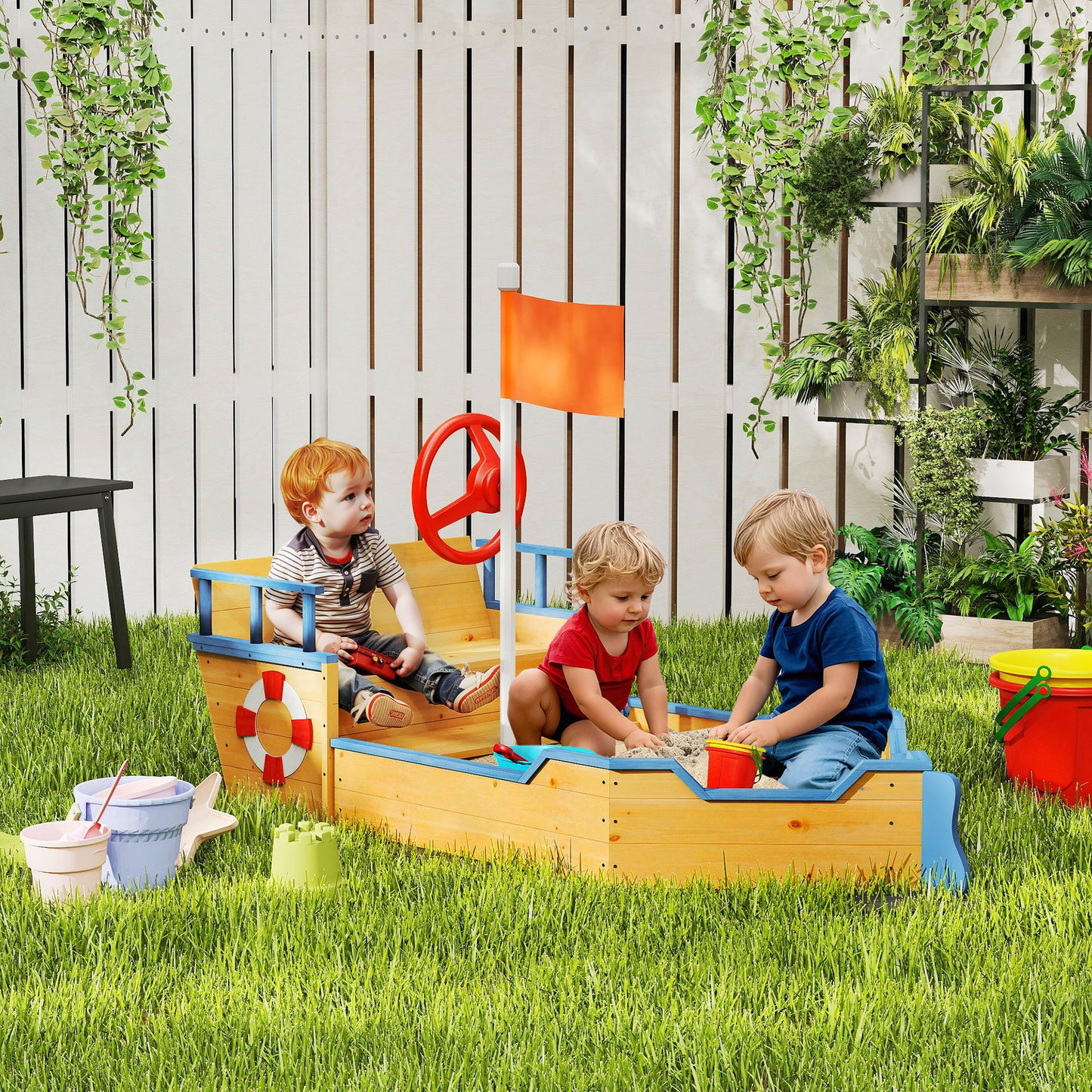 Kids Sand Pit, Children Pirate Ship Sandbox with Bench, Bottom Liner