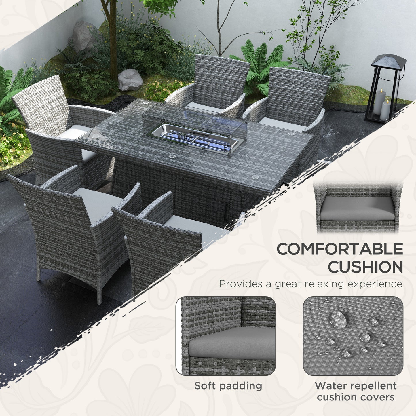 7 Pieces Outdoor Rattan Garden Furniture with Fire Pit Table