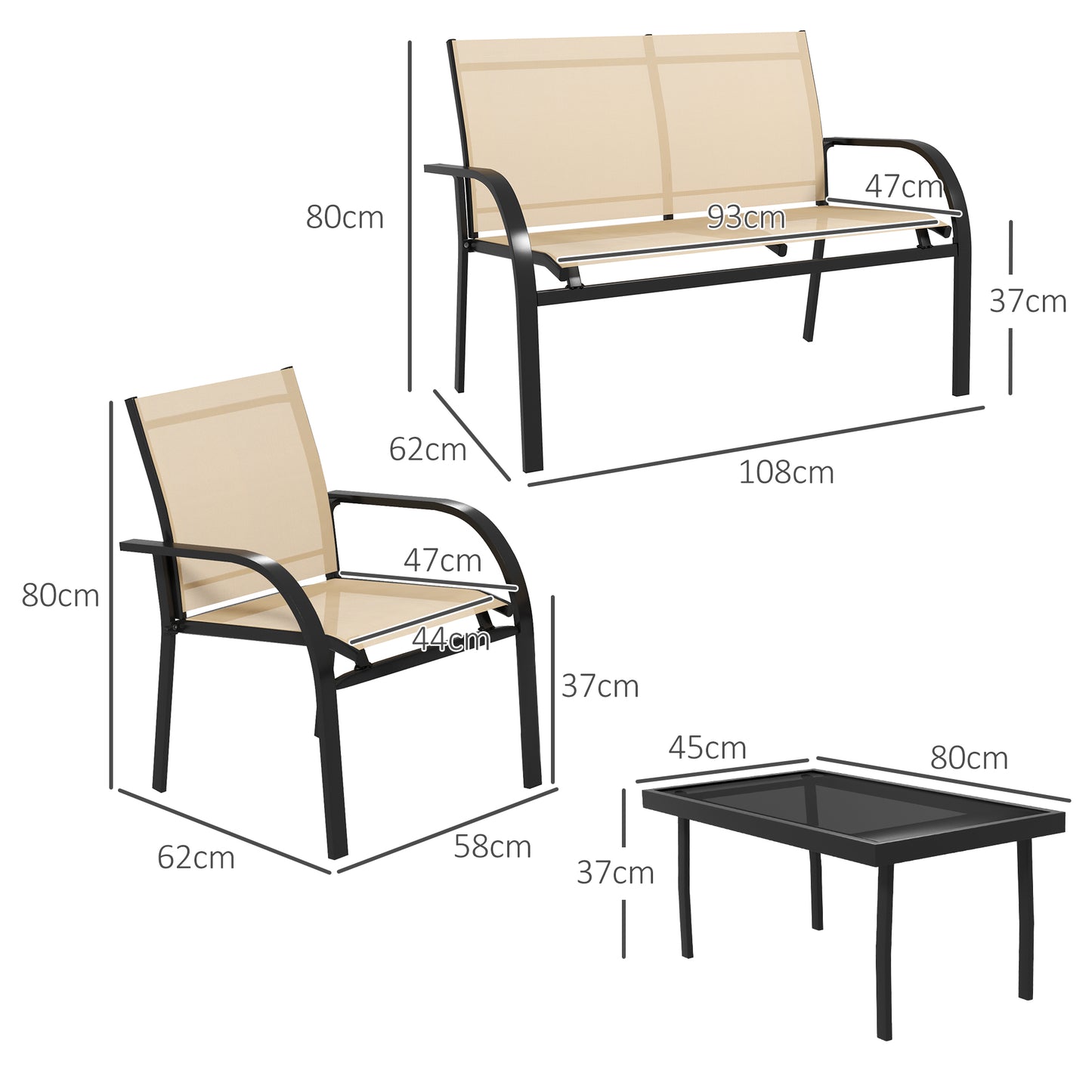 Four-Piece Curved Steel Garden Dining Set  - Beige/Grey