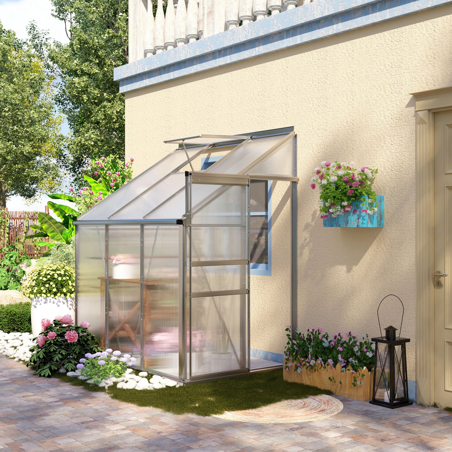 6 x 4ft Lean to Wall Polycarbonate Greenhouse Aluminium Walk-in