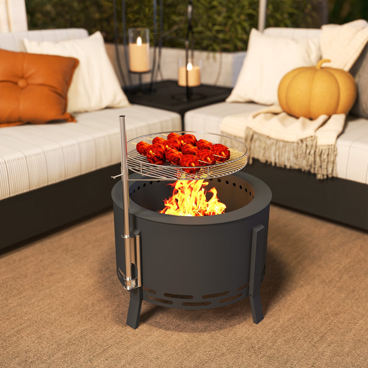 Portable Fire Pit, 58 cm Round Firepit with Grill Grate