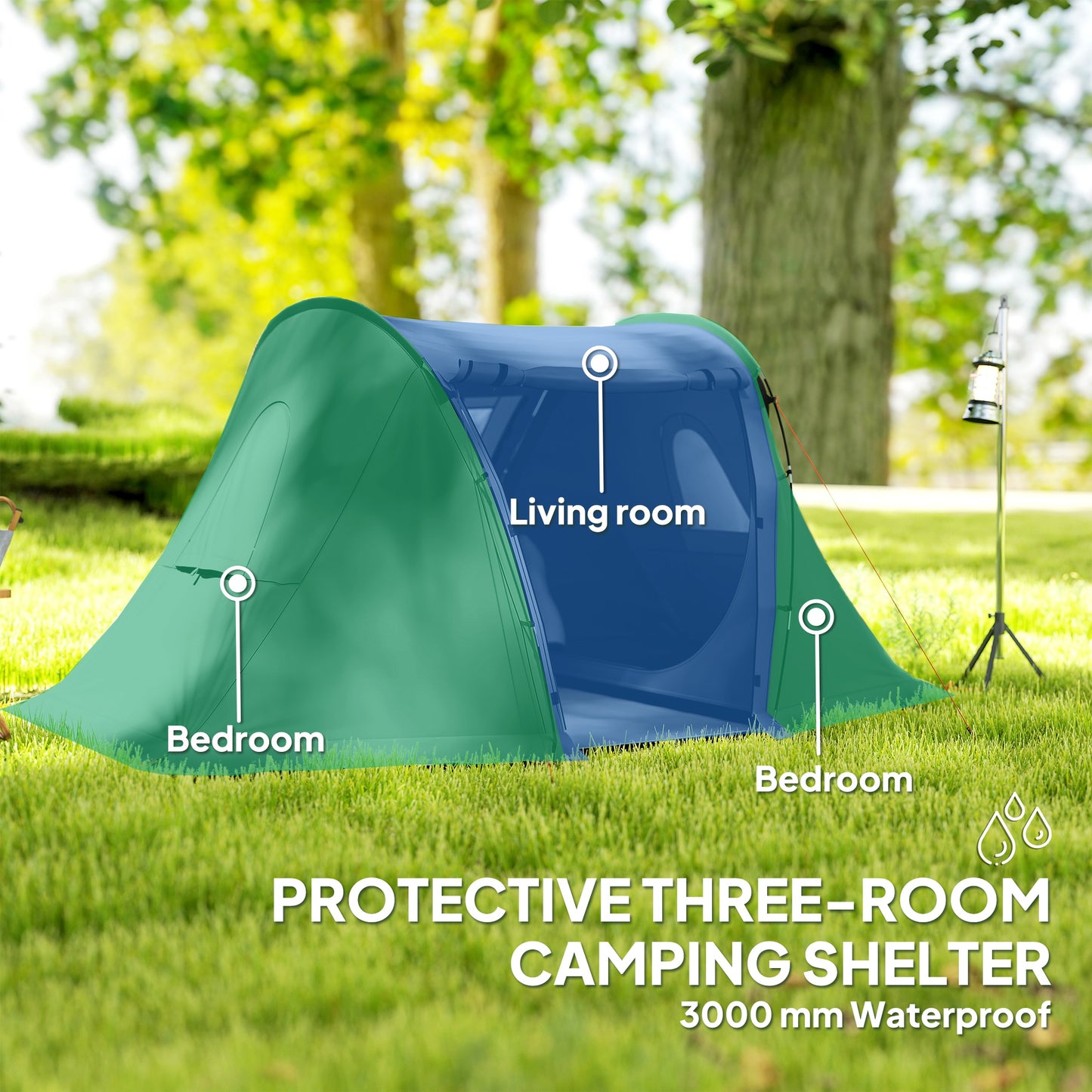 3 Man Camping Tent with Living Area and 2 Bedrooms