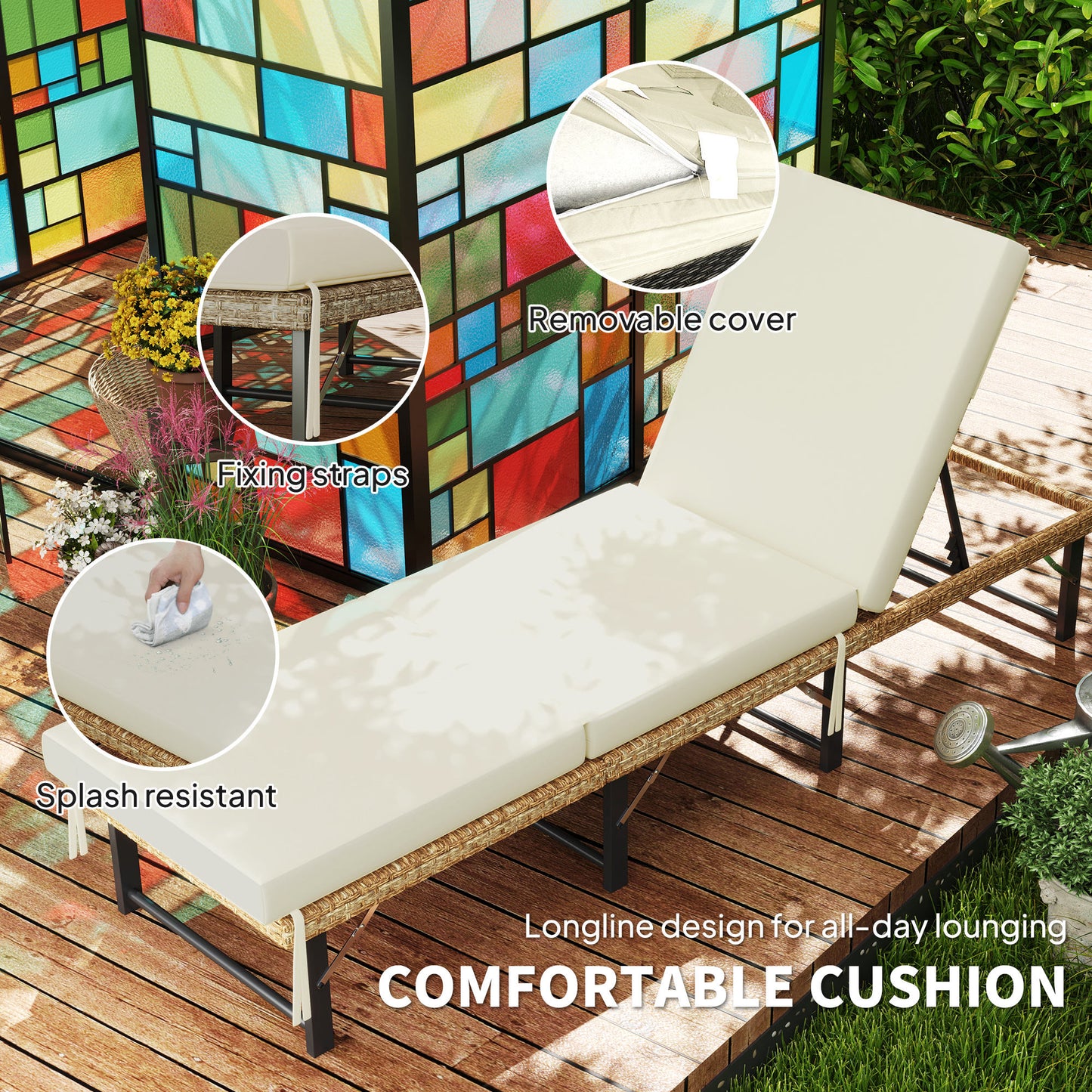 Single Folding Rattan Sun Lounger, with Cushion