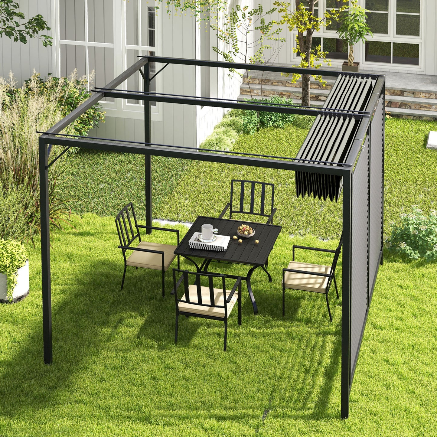 3 x 2.8m Metal Pergola, with Retractable Fabric Roof