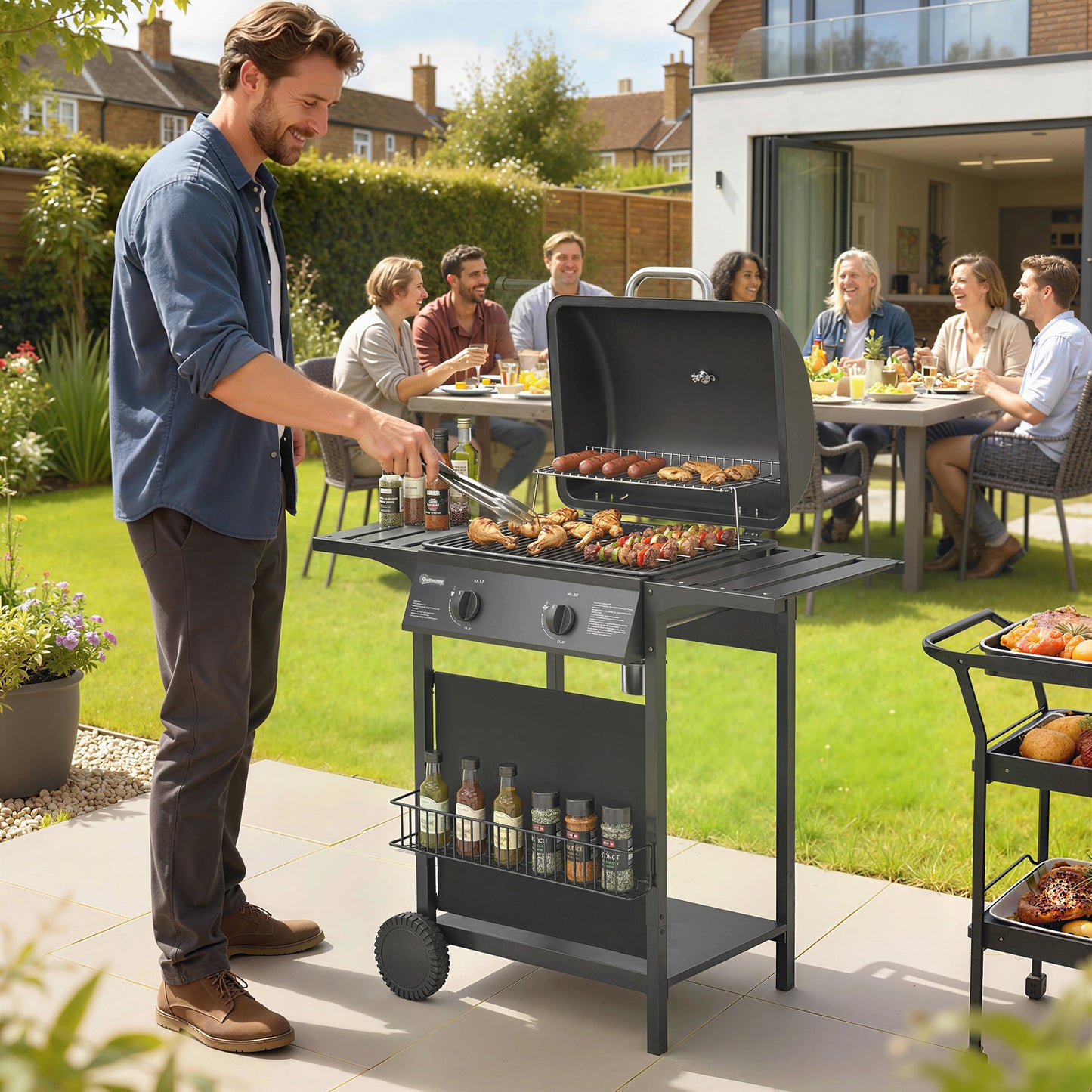 Gas Burner Barbecue Grill, 2 Burner Gas Grill with Side Tables