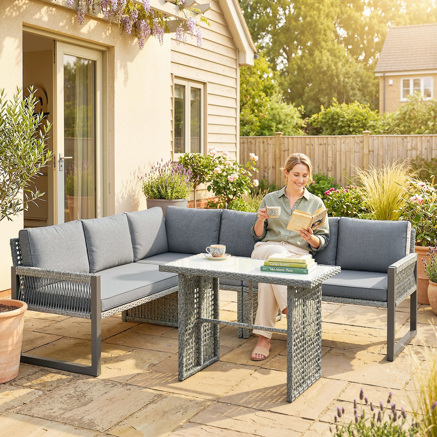 6 Seater Rattan Garden Furniture Set with 3 Loveseats, Table