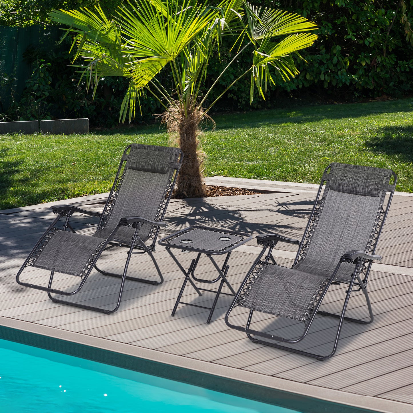 3pcs Folding Zero Gravity Chairs Sun Lounger Table Set w/ Cup
