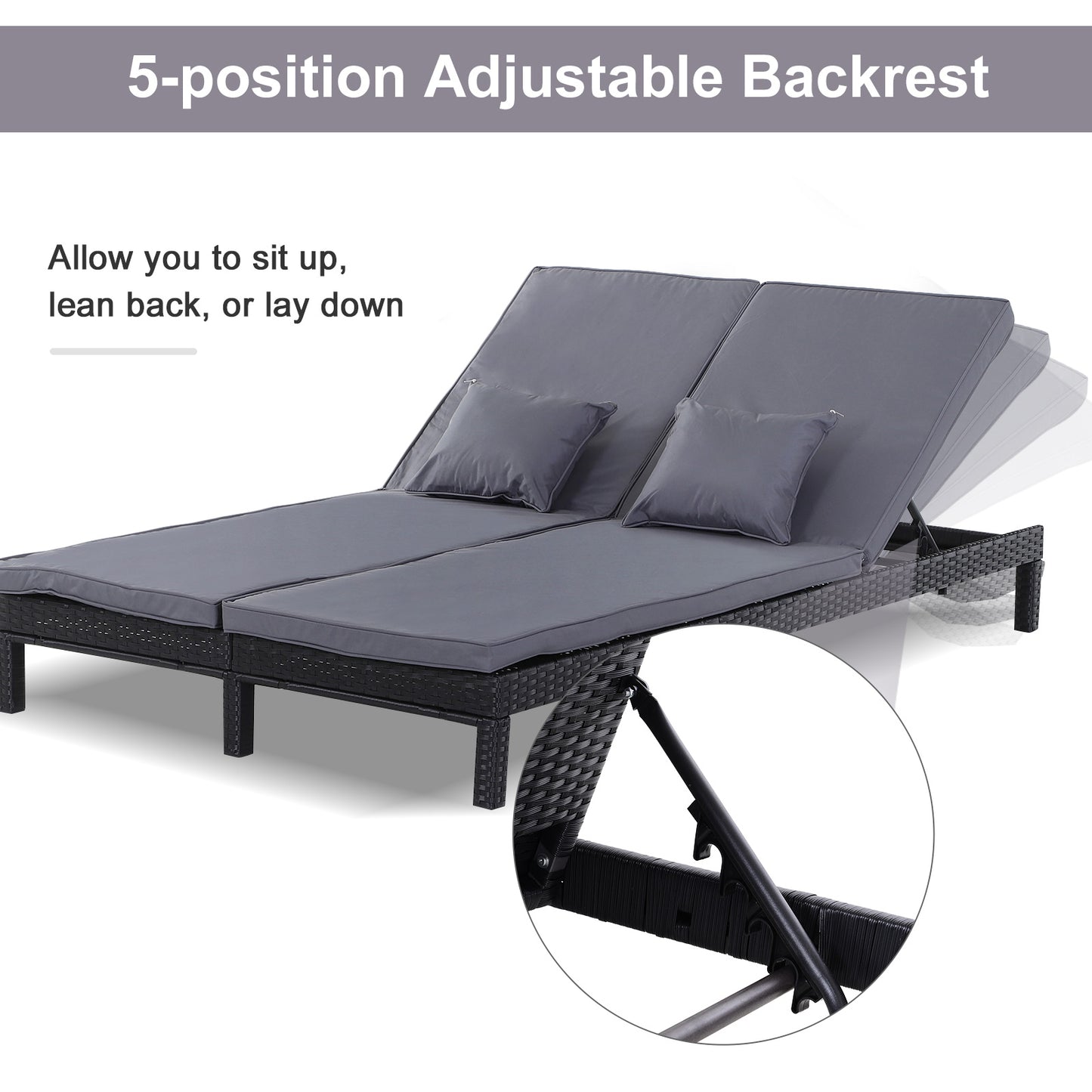 2 Seater Rattan Lounger Adjustable Double Chaise Chair Loveseat w/