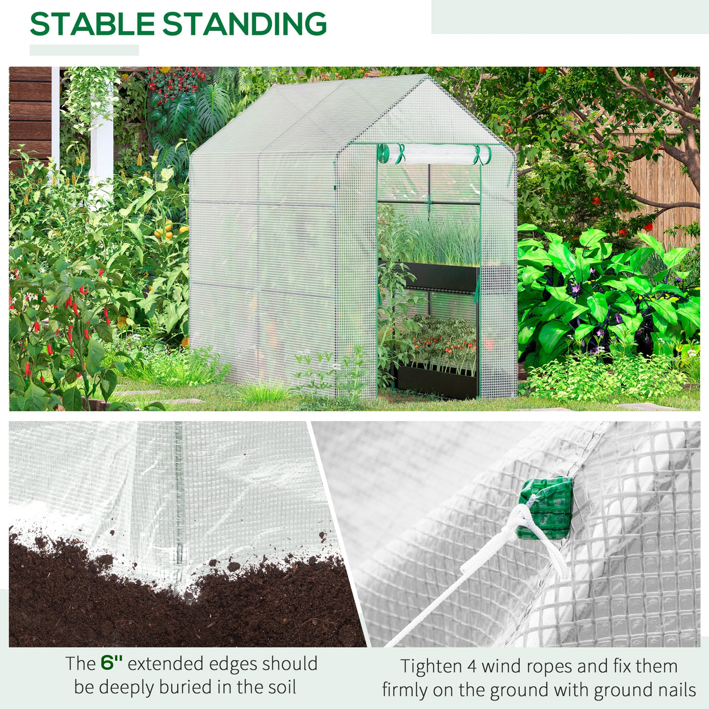 Walk In Greenhouse with 2-Tier Shelves, Roll up Zip Panel Door
