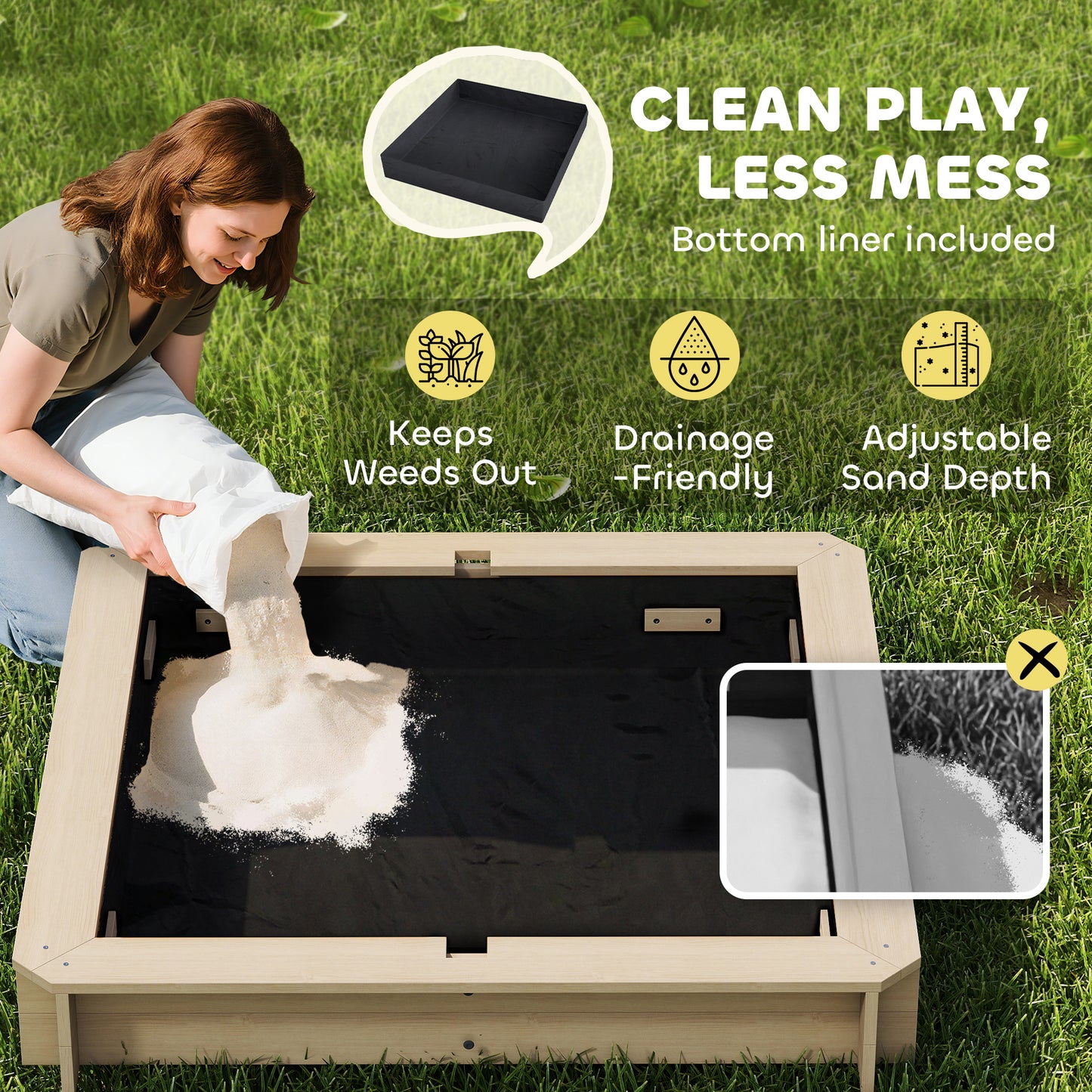 Kids Square Wooden Sandpit, Children Sandbox Outdoor Playset