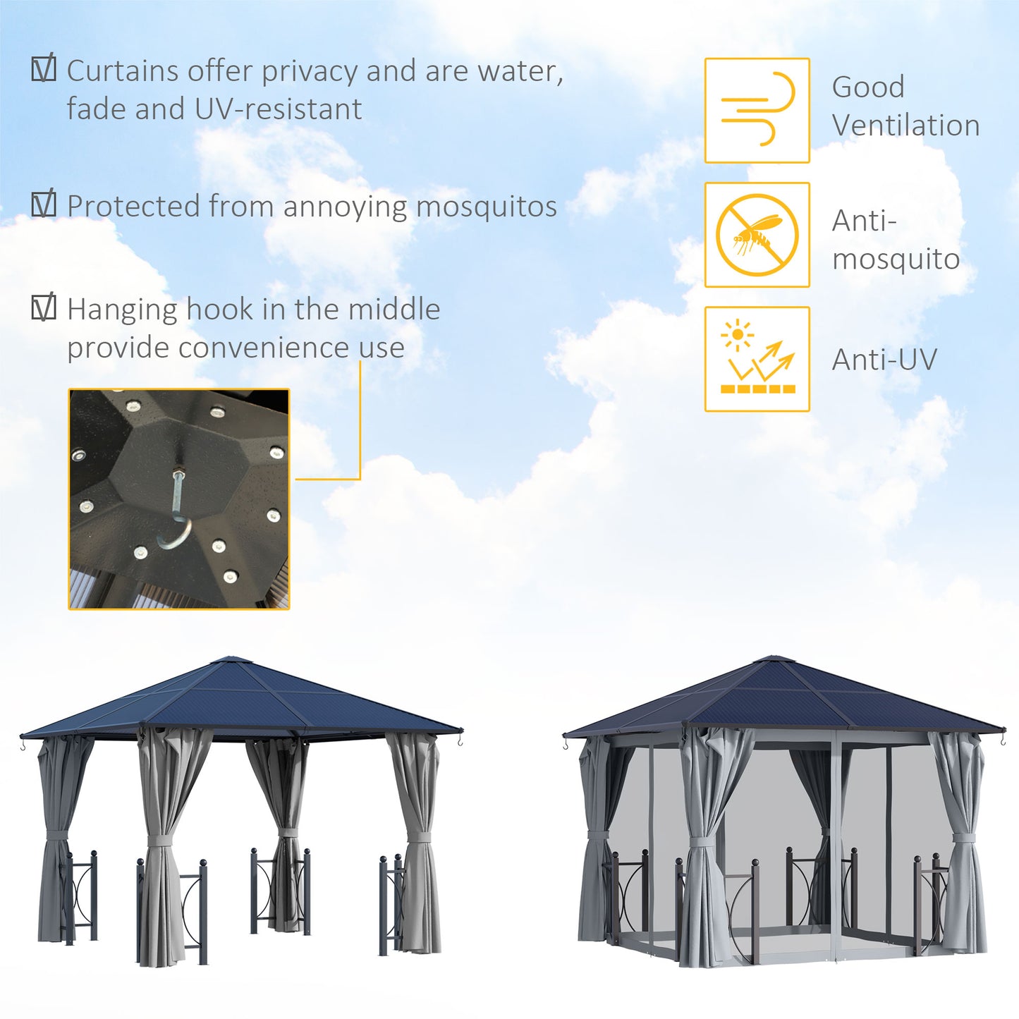 3 x 3(m) Hardtop Gazebo Canopy with Polycarbonate Roof