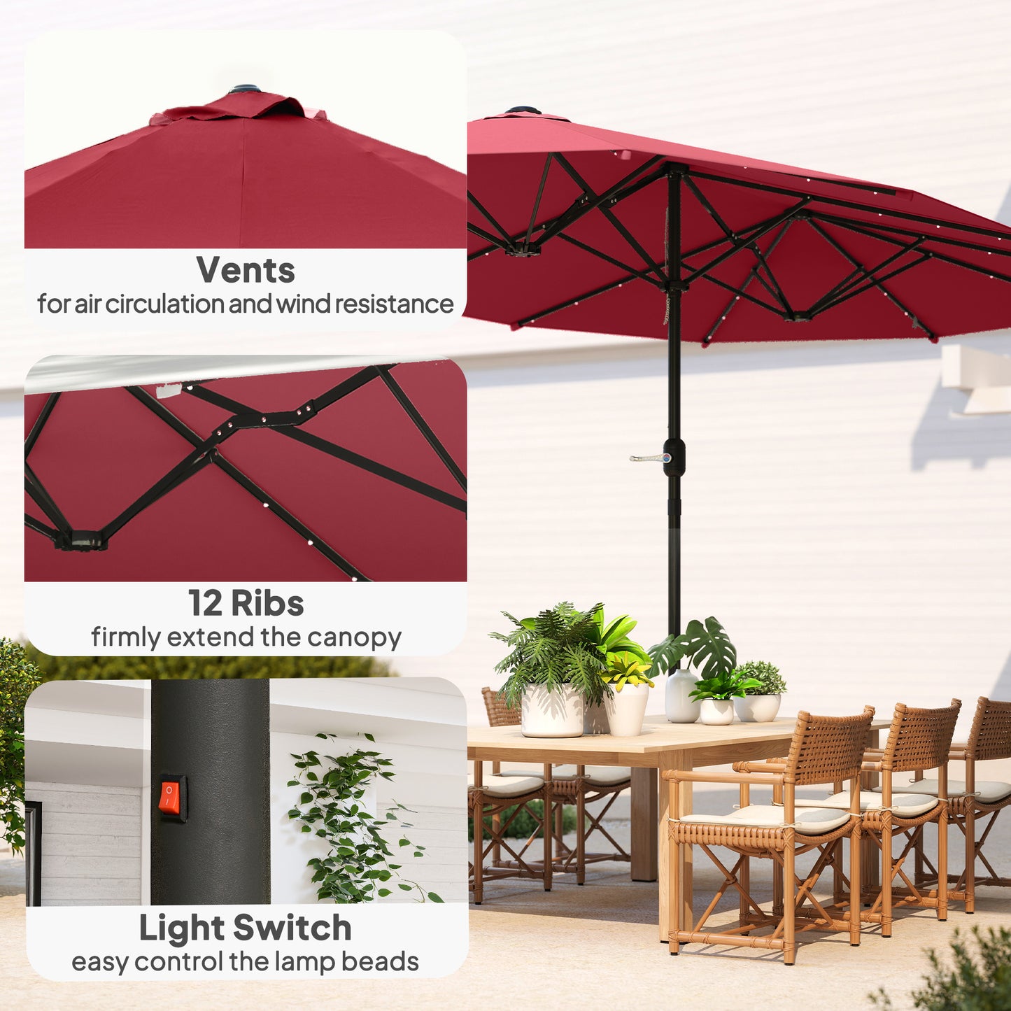 4.4m Double-Sided Sun Umbrella Patio Parasol LED Solar Lights