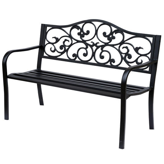 Metal Garden Bench with Floral Backrest and Armrests