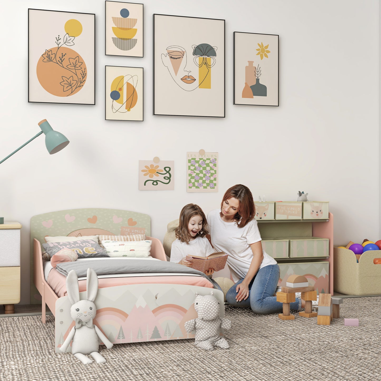 Toddler Bed Frame, Kids Storage Shelf Unit with 6 Fabric Bins
