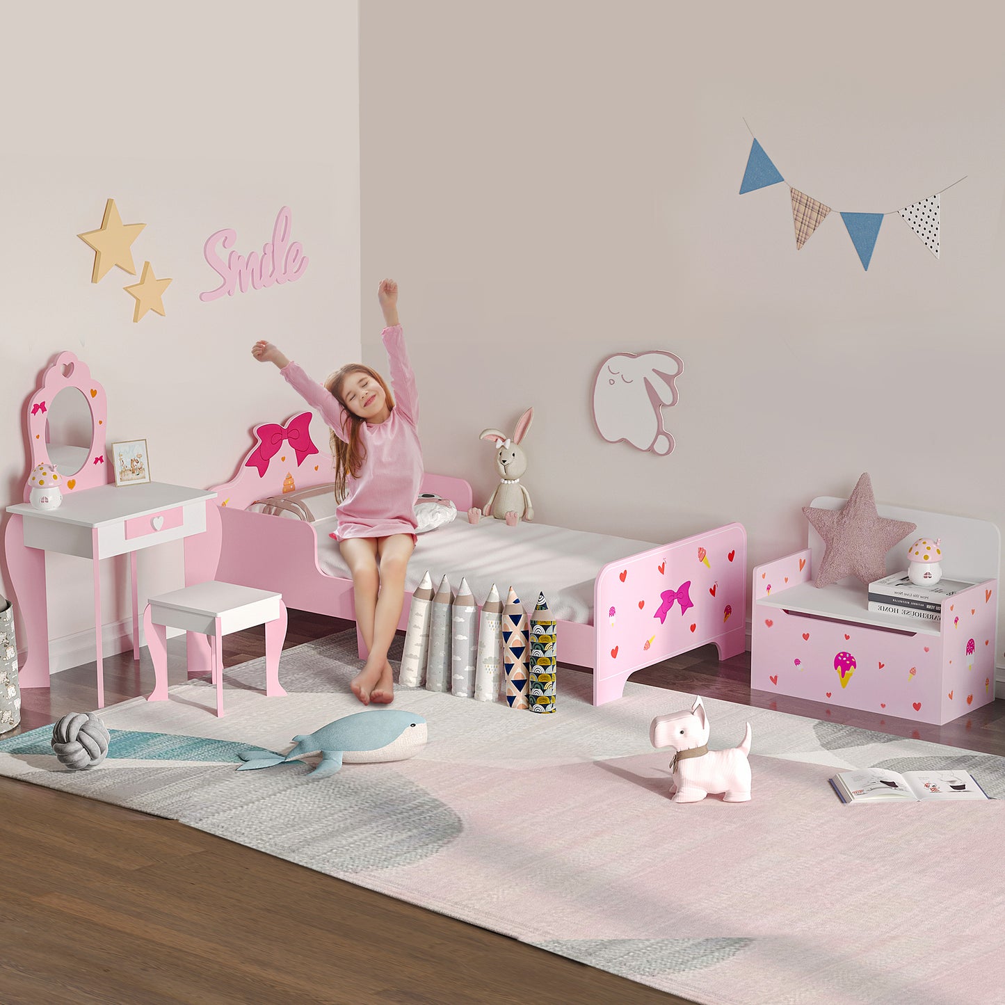 4PCs Kids Bedroom Furniture Set with Bed, Toy Box Bench