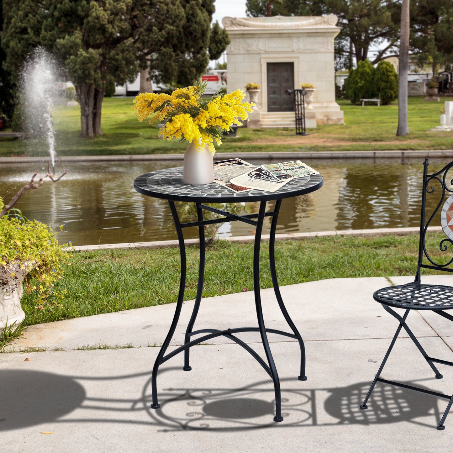 Round Mosaic Tabletop Garden Table - Grey/Black