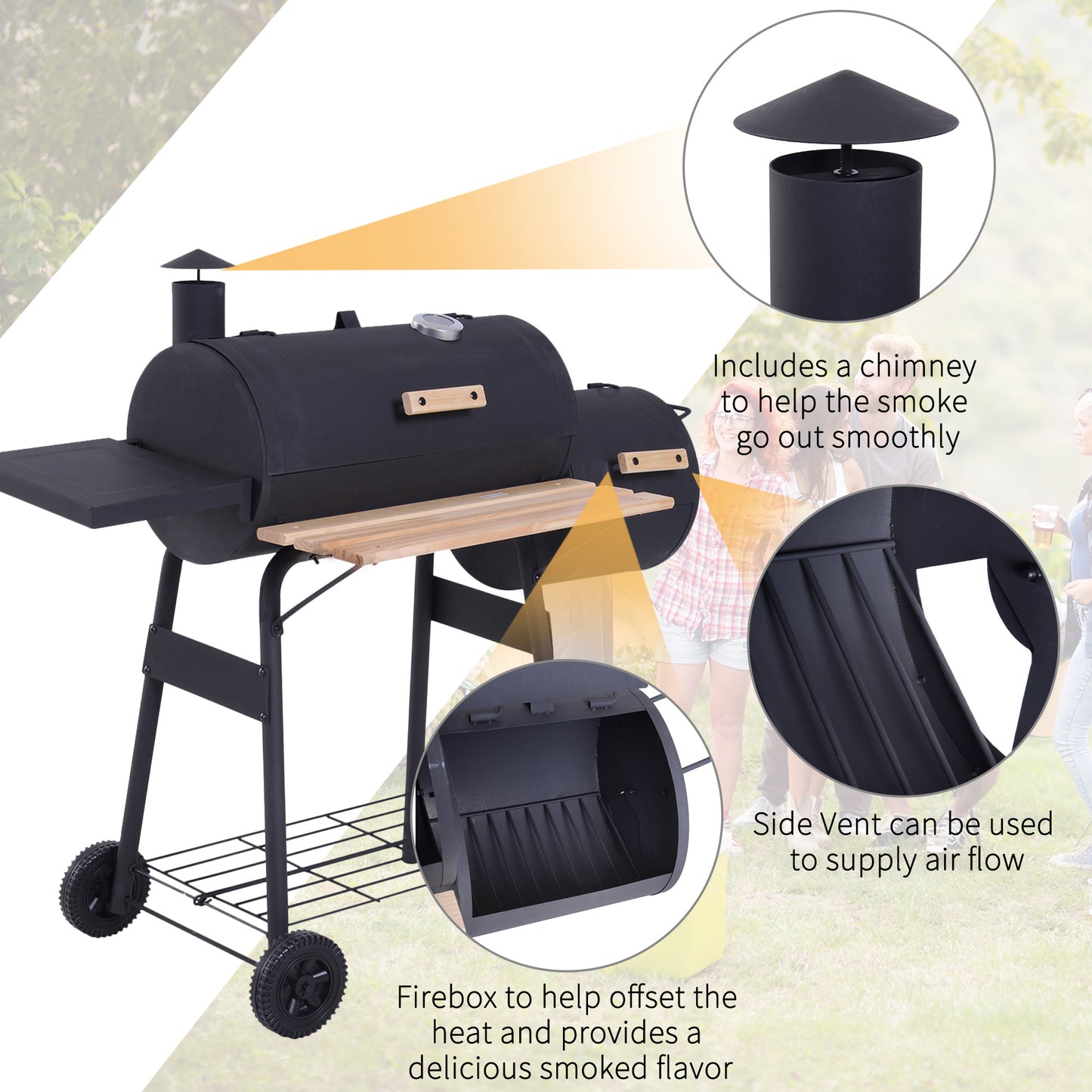 Portable Charcoal BBQ Grill, Cold-rolled Steel, Solid Wood