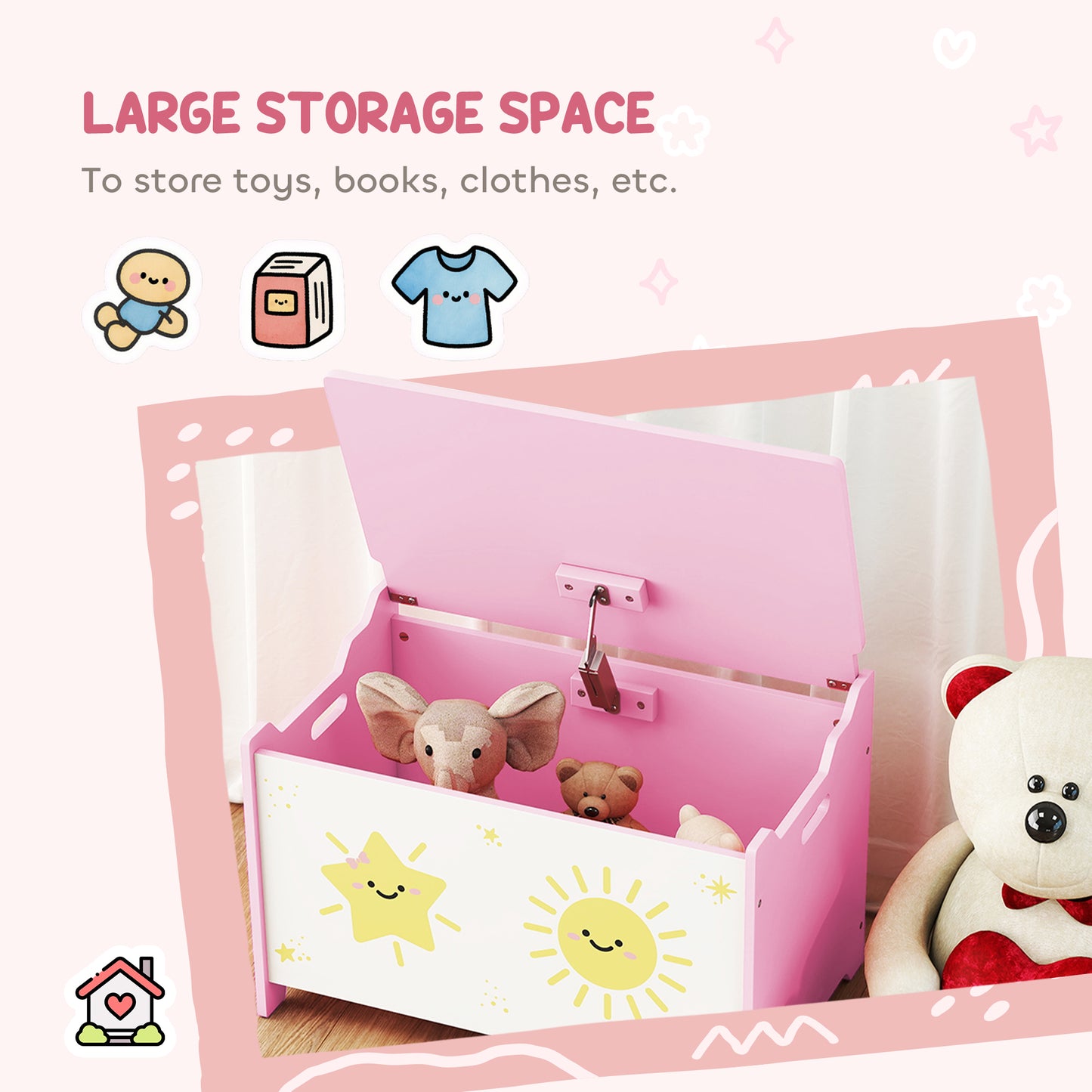 Toy Box with Lid, Safety Hinges and Groove Handles
