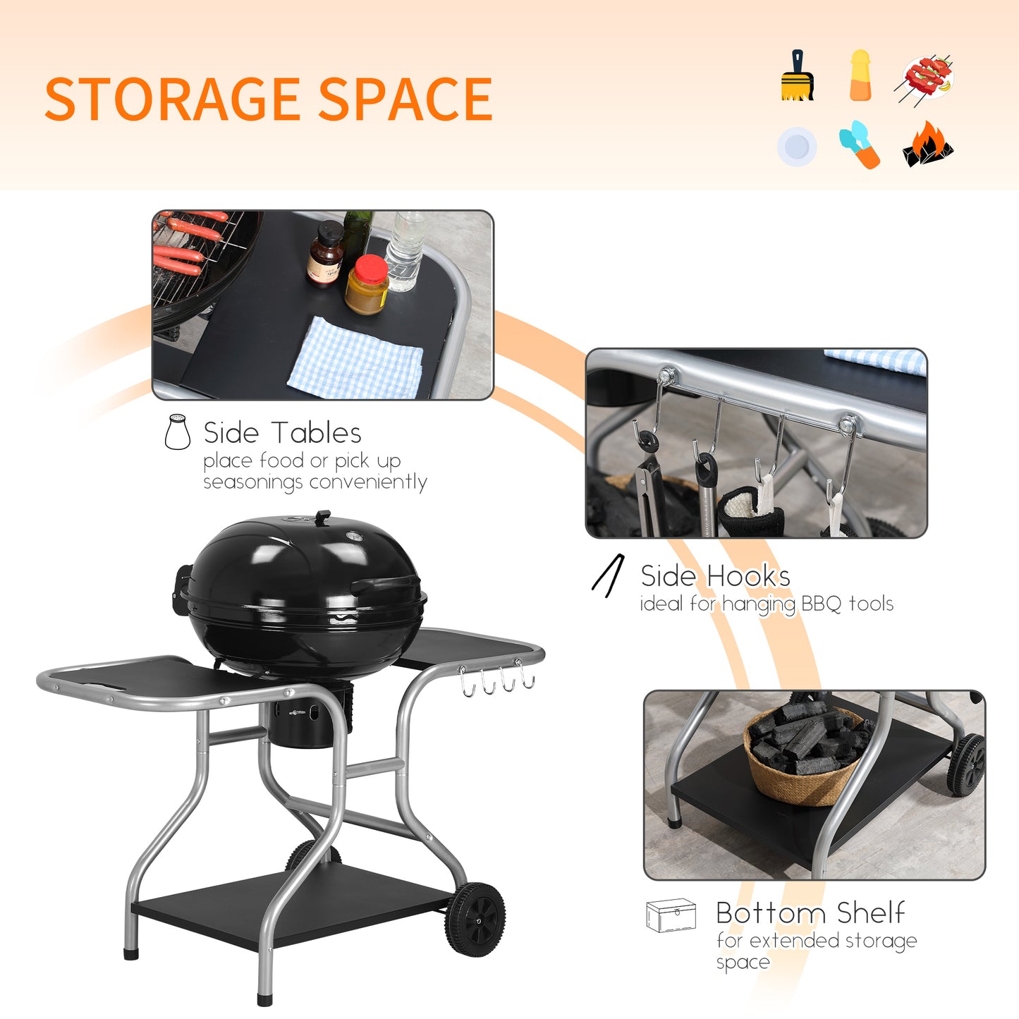 Portable Charcoal Kettle Grill Outdoor Barbecue Trolley BBQ Heat