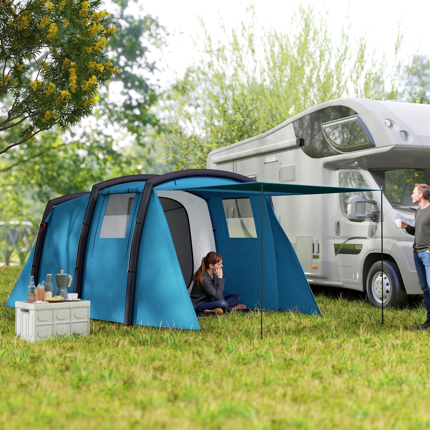 Inflatable 3-4 Man Tunnel Tent w/ Air Pump, Living Area & Vestibule