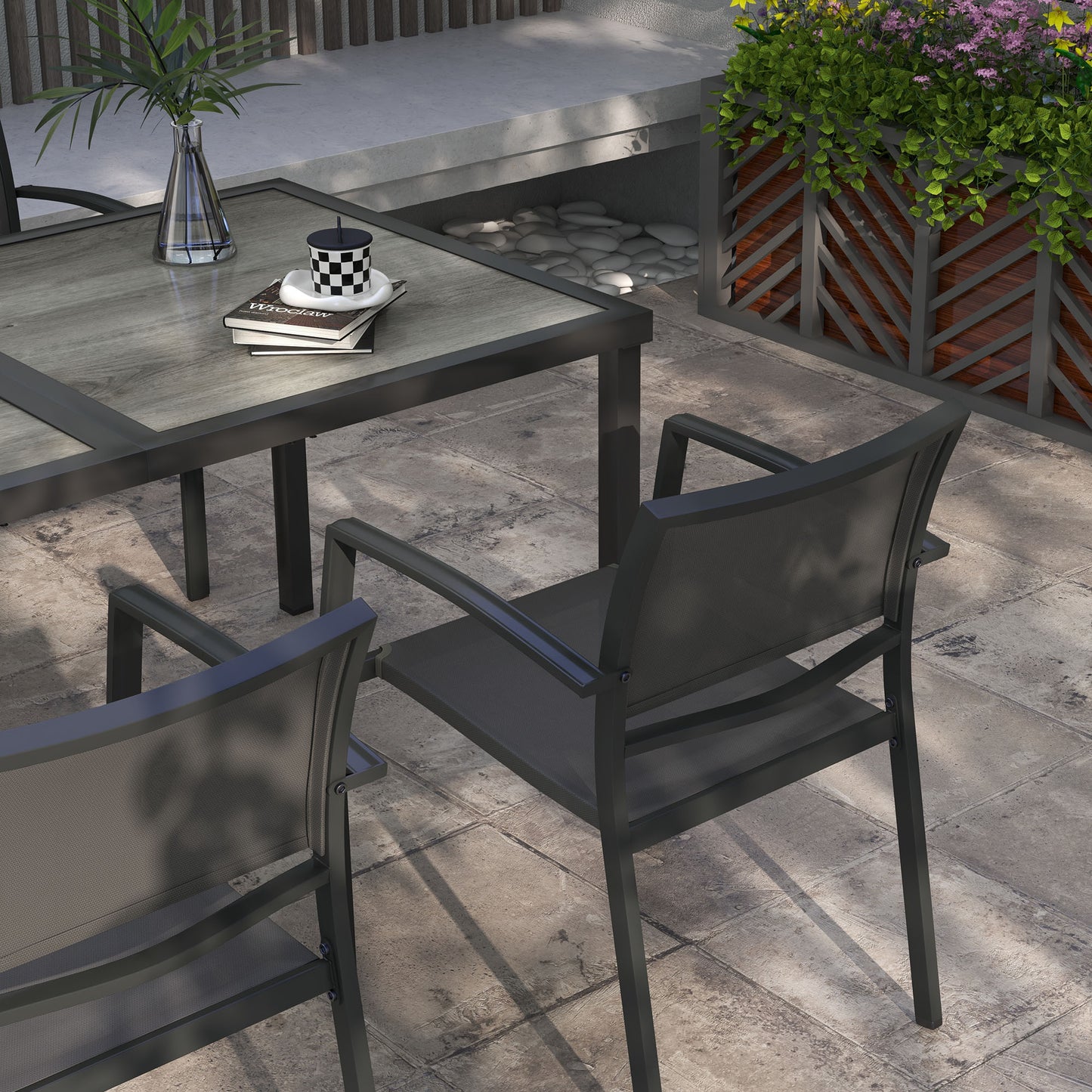 Five-Piece Casual Outdoor Dining Set, with Wood-Effect Table